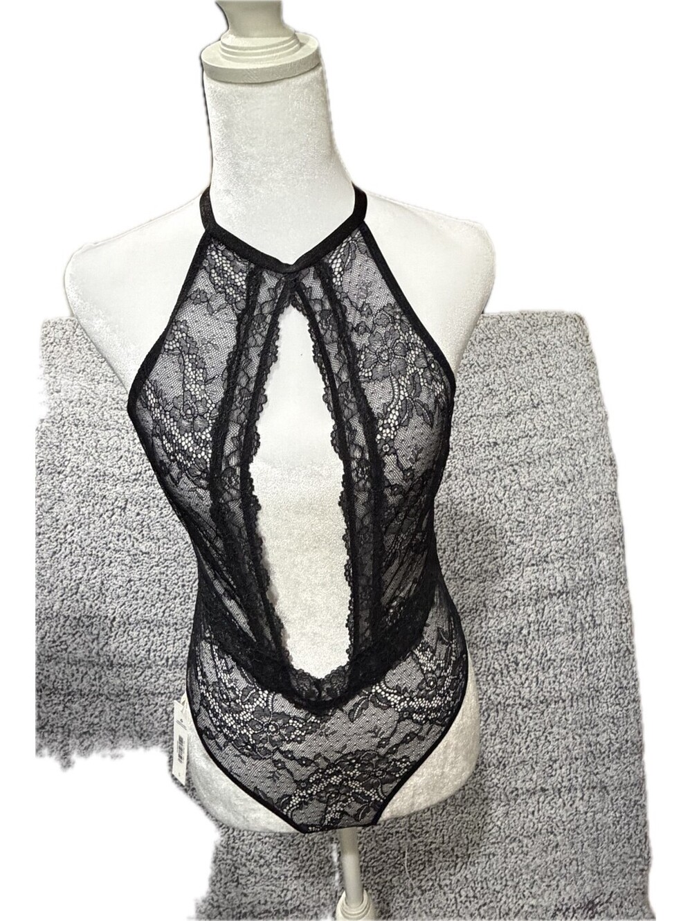 Adore Me Black Lace Halter Bodysuit Teddy Lingerie Open Back Women’s Size S NWT